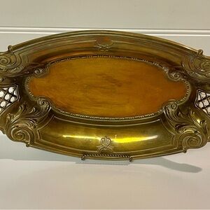 Germany Solid Brass 1930s Oval Serving Bowl with Pierced Handles See Pics
